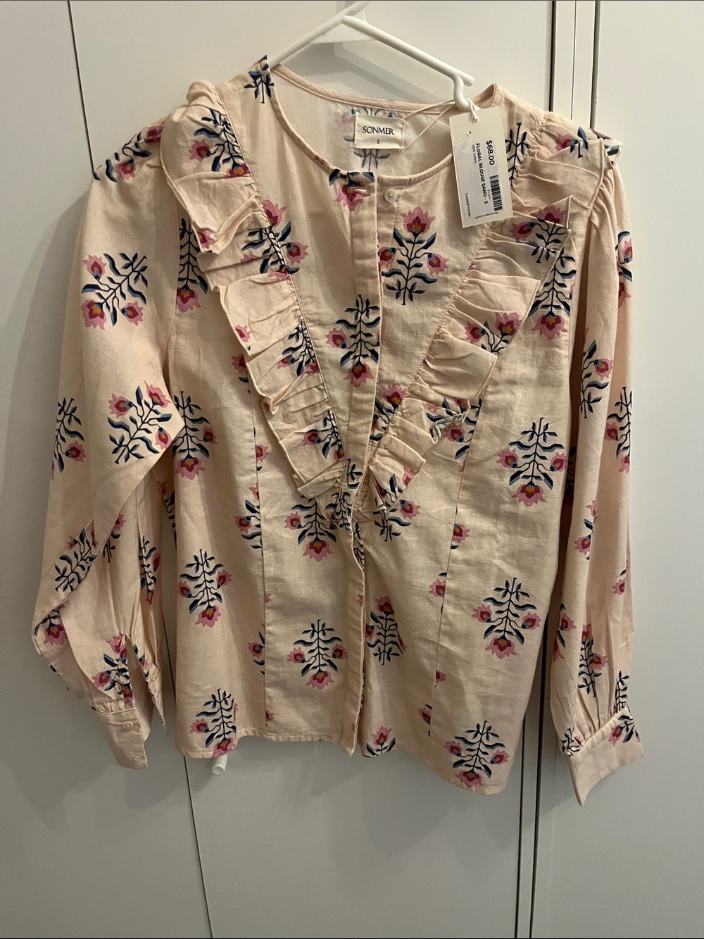 Sommer Pink Floral Ruffle-Trim Cotton Blouse